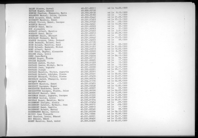 Table alphabétique du contingent 1940 - lettres E à G : bureaux de recrutement de la Deuxième Région Militaire (Départements du Nord, du Pas de Calais, de l'Aisne, de l'Oise, de la Somme, de l'Eure et de la Seine-Maritime)
