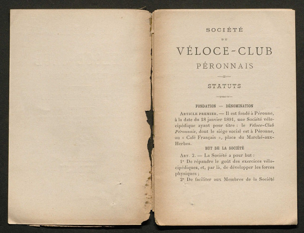 Société du Véloce-club Péronnais fondée le 18 janvier 1891 et autorisée le 4 avril 1891. Statuts et règlement