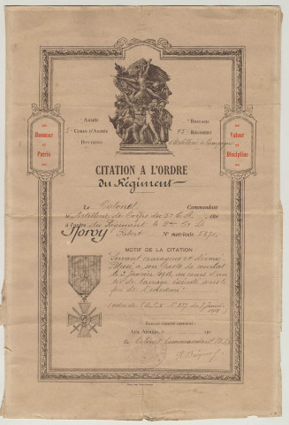 Citation à l'ordre du 45e Régiment d'Artillerie de Campagne du soldat Robert Noroy