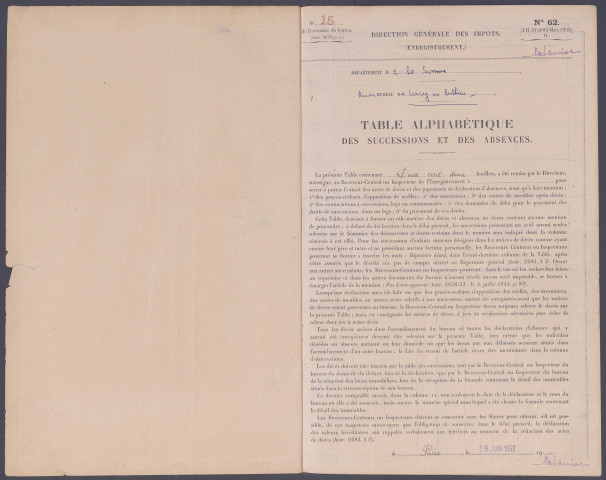 Table des successions et absences du bureau de Crécy-en-Ponthieu
