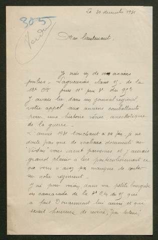 Témoignage de Lagueunière, A. et correspondance avec Jacques Péricard