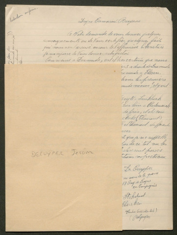 Témoignage de De Cuyper, Jerom (Sergent) et correspondance avec Jacques Péricard