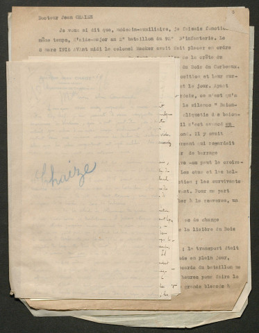 Témoignage de Chaize, Jean (Docteur - Médecin auxiliaire) et correspondance avec Jacques Péricard