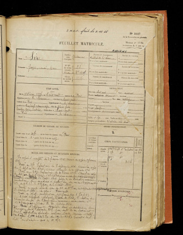 Sire, Joseph André Henri, né le 19 février 1897 à Croixrault (Somme), classe 1917, matricule n° 98, Bureau de recrutement d'Amiens