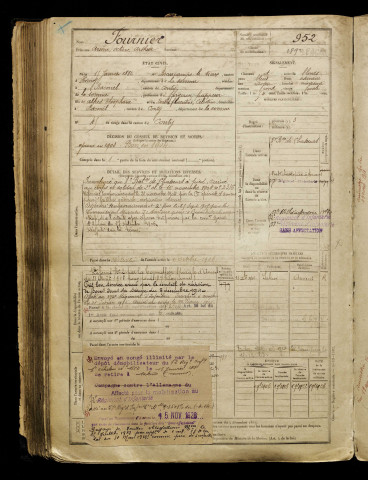 Fournier, Arsène Octave Arthur, né le 15 janvier 1882 à Beaucamps-le-Vieux (Somme), classe 1902, matricule n° 952, Bureau de recrutement d'Amiens