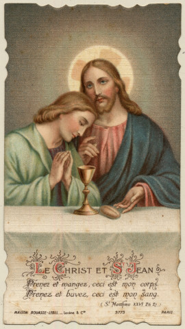 Le Christ et Saint Jean lors de la Cène. Souvenir de Communion de Simone Levasseur faite en l'église de Grancourt le 21 mai 1933