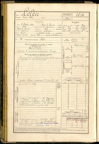 Leleu, Eugène Abel, né le 08 octobre 1864 à Rouy-le-Grand (Somme, France), classe 1884, matricule n° 1016, Bureau de recrutement de Péronne