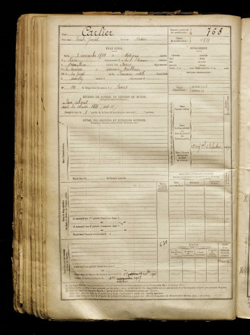 Carlier, Emile Joseph, né le 08 novembre 1861 à Matigny (Somme), classe 1901, matricule n° 768, Bureau de recrutement d'Amiens