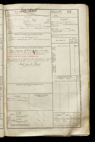 Jourdeuil, Maurice Edouard Joseph, né le 23 septembre 1893 à Lanchy (Aisne), classe 1913, matricule n° 611, Bureau de recrutement de Péronne