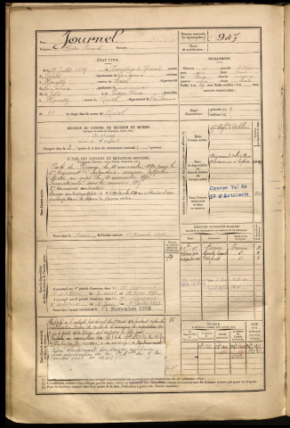 Journel, Hector Fernand, né le 29 juillet 1869 à Roisel (Somme), classe 1889, matricule n° 947, Bureau de recrutement de Péronne