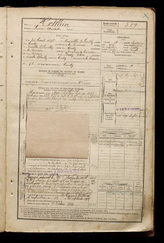 Helluin, Lucien Aristide, né le 30 août 1873 à Neuville-lès-Loeuilly (Somme), classe 1893, matricule n° 519, Bureau de recrutement d'Amiens