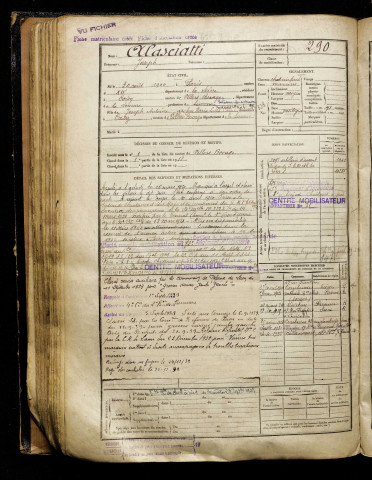Alasciatti, Joseph, né le 30 août 1900 à Paris 12e Arrondissement (Paris), classe 1920, matricule n° 290, Bureau de recrutement d'Amiens