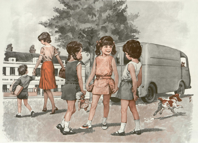 Facteur en cyclomoteur distribuant le courrier (recto). Enfants sur la place du marché d'un village près d'une camionnette d'un marchand ambulant (verso)
