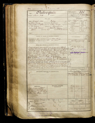 Outrequin, Anicet Jules, né le 16 avril 1900 à Contay (Somme), classe 1920, matricule n° 336, Bureau de recrutement d'Amiens