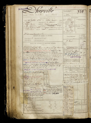 Dherville, Désiré Achille, né le 29 juillet 1891 à Villers-Faucon (Somme), classe 1911, matricule n° 738, Bureau de recrutement de Péronne