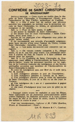 Prière à Saint Christophe, 9 juillet 1934. Confrérie de Saint Christophe