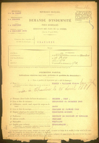 Chaulnes. Demande d'indemnisation des dommages de guerre : dossier Florin-Vaillant