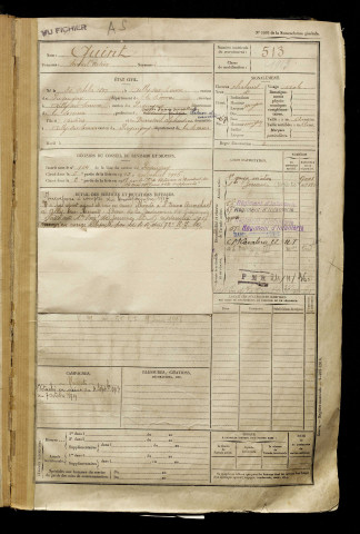 Quint, Marcel Arsène, né le 30 octobre 1897 à Ailly-sur-Somme (Somme), classe 1917, matricule n° 513, Bureau de recrutement d'Amiens