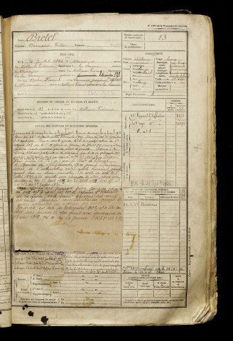 Bretel, Bernard Victor, né le 21 juillet 1896 à Airaines (Somme), classe 1916, matricule n° 13, Bureau de recrutement d'Amiens