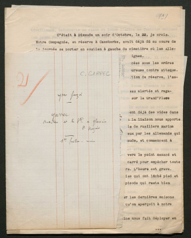 Témoignage de Garrec, Charles (Quartier Maître fourrier) et correspondance avec Jacques Péricard