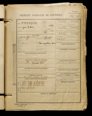 François, Jean Antoine, né le 16 juin 1891 à Amiens (Somme), classe 1911, matricule n° 1287, Bureau de recrutement d'Amiens