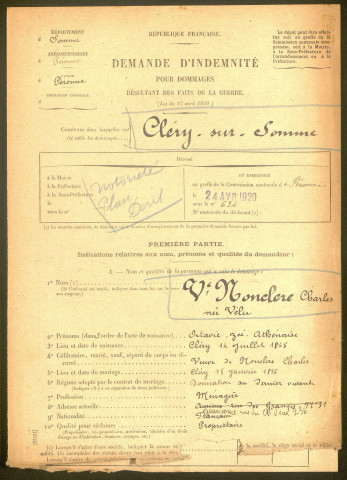 Cléry-sur-Somme. Demande d'indemnisation des dommages de guerre : dossier Nonclère-Vélu