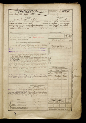 Grincourt, Henri Victor Joseph, né le 16 novembre 1889 à Albert (Somme), classe 1909, matricule n° 1069, Bureau de recrutement de Péronne