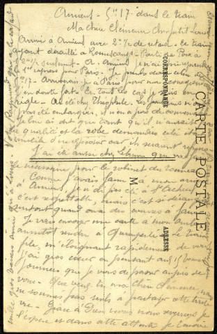 Carte postale intitulée "La Guerre 1914-1915. Clermont-en-Argonne (Meuse). Ses ruines après le bombardement". Correspondance de Raymond Paillart à sa femme Clémence