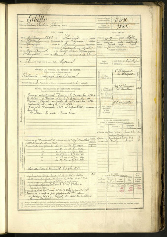 Labitte, Lucien Frédéric Henri, né le 9 juin 1862 à Hangard (Somme, France), classe 1882, matricule n° 208, Bureau de recrutement de Péronne