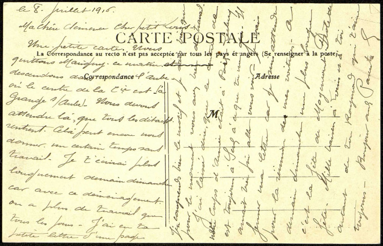 Carte postale intitulée "Marigny. Eglise". Correspondance de Raymond Paillart à son fils Louis