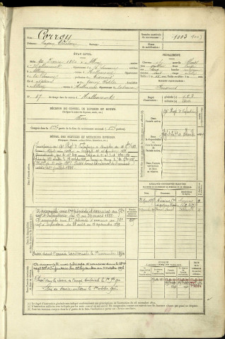 Corroy, Eugène Théodore, né le 20 février 1860 à Allery (Somme, France), classe 1880, matricule n° 1003, Bureau de recrutement d'Abbeville