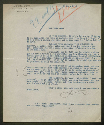 Témoignage de Botti, Louis et correspondance avec Jacques Péricard
