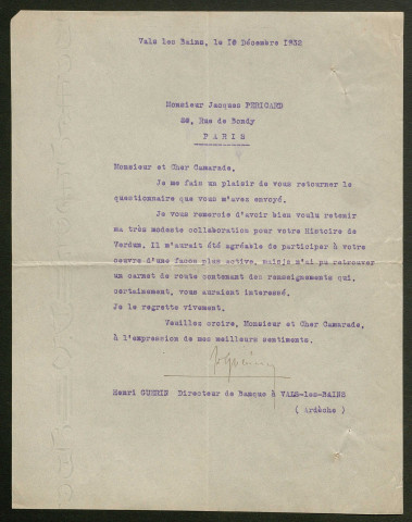 Témoignage de Guérin, Henri et correspondance avec Jacques Péricard