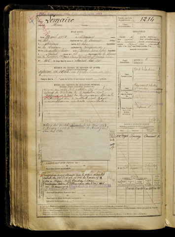 Lemaire, Henri, né le 26 avril 1882 à Amiens (Somme), classe 1902, matricule n° 1214, Bureau de recrutement d'Amiens