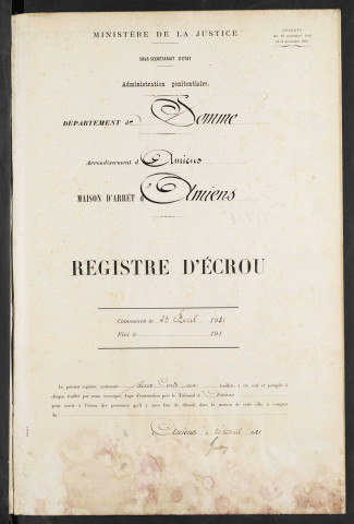 Maison d'arrêt d'Amiens. Arrêt. Registre d'écrou : numéros 1 à 603. 23 avril 1921 - 25 mars 1922