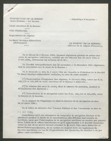 Demande du Sport Nautique Abbevillois pour l'organisation de Régates d'aviron sur le Canal de la Somme le 19 avril 1964