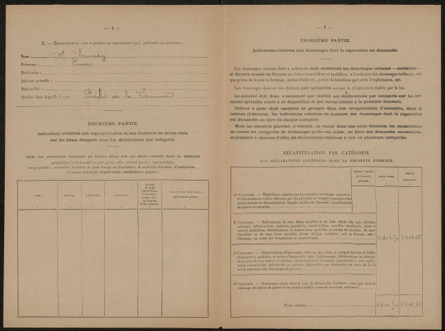 Péronne. Demande d'indemnisation des dommages de guerre : dossier Département de la Somme (bibliothèque de la sous-préfecture)