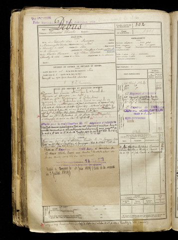 Debus, Léonard Charles, né le 11 novembre 1893 à Boursies (Nord), classe 1913, matricule n° 302, Bureau de recrutement d'Amiens