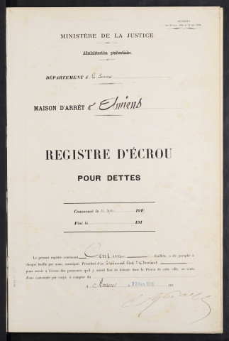 Maison d'arrêt d'Amiens. Dettiers. Registre d'écrou : numéros 1 à 303. 26 mai 1919 - 17 février 1923