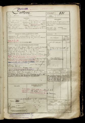 Cottret, Olivier, né le 25 décembre 1900 à Fresnes-Mazancourt (Somme), classe 1920, matricule n° 851, Bureau de recrutement de Péronne