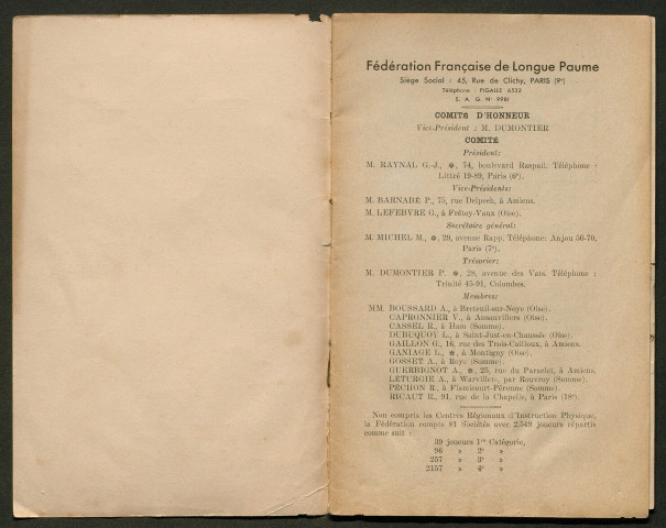 Opuscule (année 1939). Fédération française de Longue Paume : classement des joueurs. Suite à l'annuaire documentaire de la Longue Paume