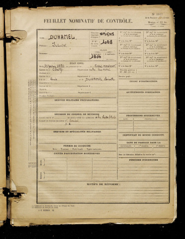 Duhamel, Julien, né le 15 février 1886 à Fossemanant (Somme), classe 1906, matricule n° 1029, Bureau de recrutement d'Amiens