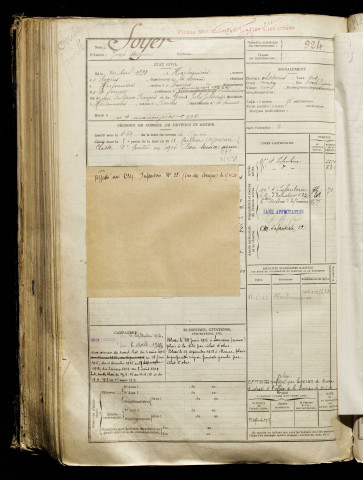 Soyer, Joseph Alexandre, né le 20 avril 1893 à Harbonnières (Somme), classe 1913, matricule n° 924, Bureau de recrutement de Péronne