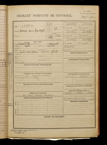 Leroy, Richard Emile Jean Baptiste, né le 10 avril 1897 à Woincourt (Somme), classe 1917, matricule n° 39, Bureau de recrutement d'Abbeville
