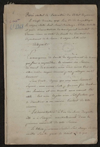 Procès-verbal de l'assemblée du district de Péronne : 20 décembre 1792-12 janvier 1793