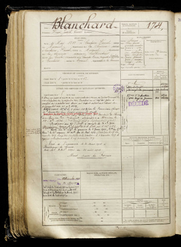 Blanchard, Henri Joseph Ernest, né le 10 mai 1891 à Contoire (Somme), classe 1911, matricule n° 174, Bureau de recrutement de Péronne
