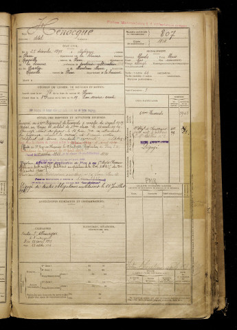 Henocque, Noël, né le 25 décembre 1898 à Matigny (Somme), classe 1918, matricule n° 807, Bureau de recrutement de Péronne