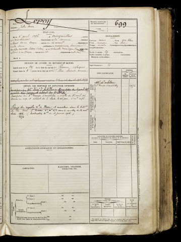 Leroy, Jules Henri, né le 01 avril 1896 à Marquivillers (Somme), classe 1916, matricule n° 699, Bureau de recrutement de Péronne