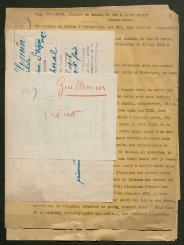 Témoignage de Guillemin, Eugène (Caporal) et correspondance avec Jacques Péricard