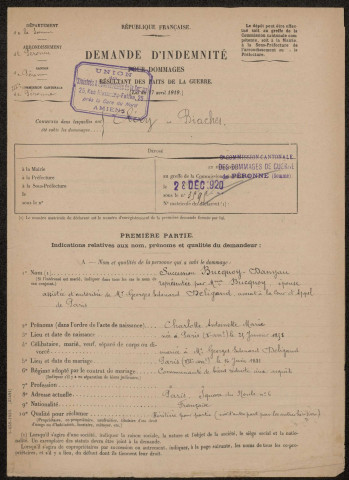 Cléry-sur-Somme. Demande d'indemnisation des dommages de guerre : dossier Bucquoy-Danyau